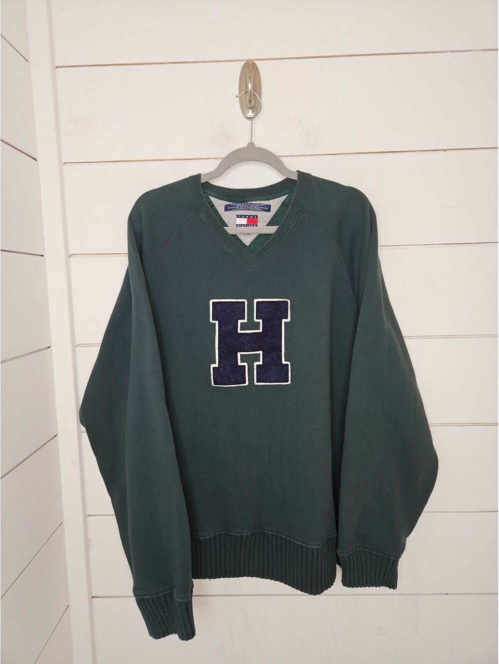 Vintage 90s Tommy Hilfiger XXL green with blue "H" patch academia sweatshirt